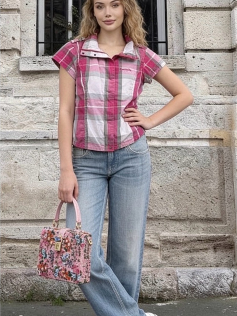 $10 Bundle Item- OR Buy Now Bench Pink and White Plaid Short-Sleeve Button-Up